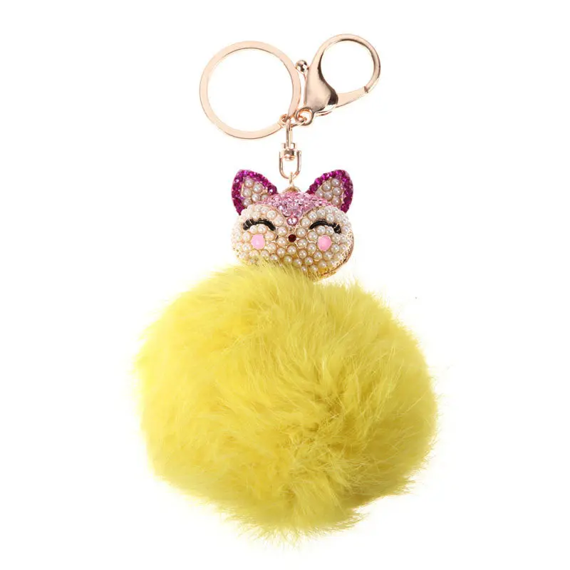 New Fox Fur Pearl Rhinestone Ball Top Car Key Ring Bag Charm Key Chains Christamas Gift For Girl 3