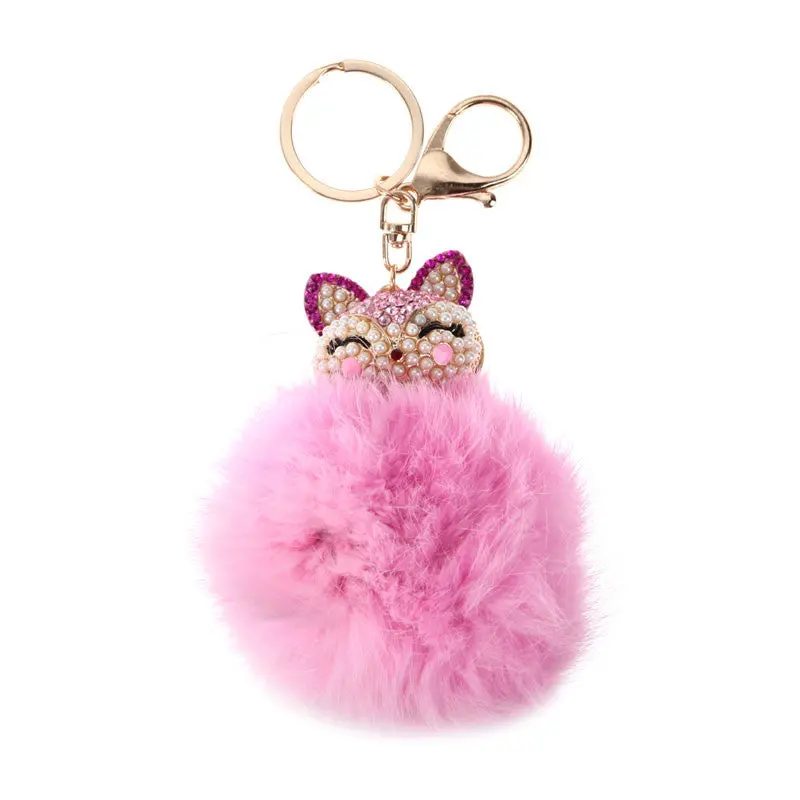 New Fox Fur Pearl Rhinestone Ball Top Car Key Ring Bag Charm Key Chains Christamas Gift For Girl 4