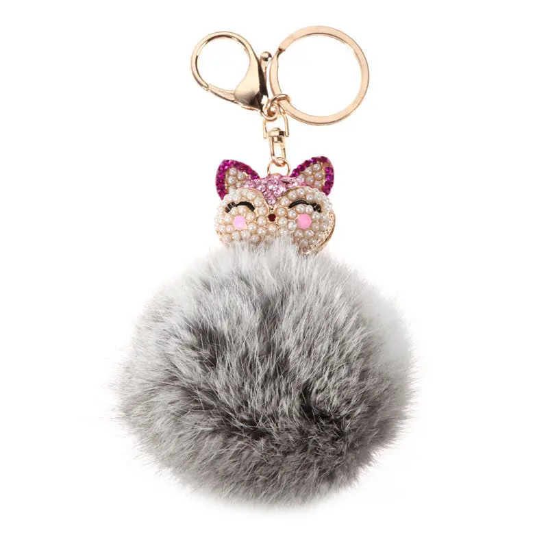 New Fox Fur Pearl Rhinestone Ball Top Car Key Ring Bag Charm Key Chains Christamas Gift For Girl 5