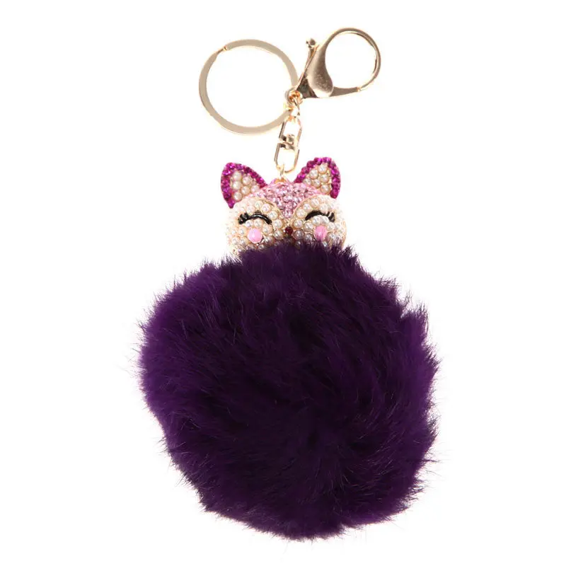 New Fox Fur Pearl Rhinestone Ball Top Car Key Ring Bag Charm Key Chains Christamas Gift For Girl 6