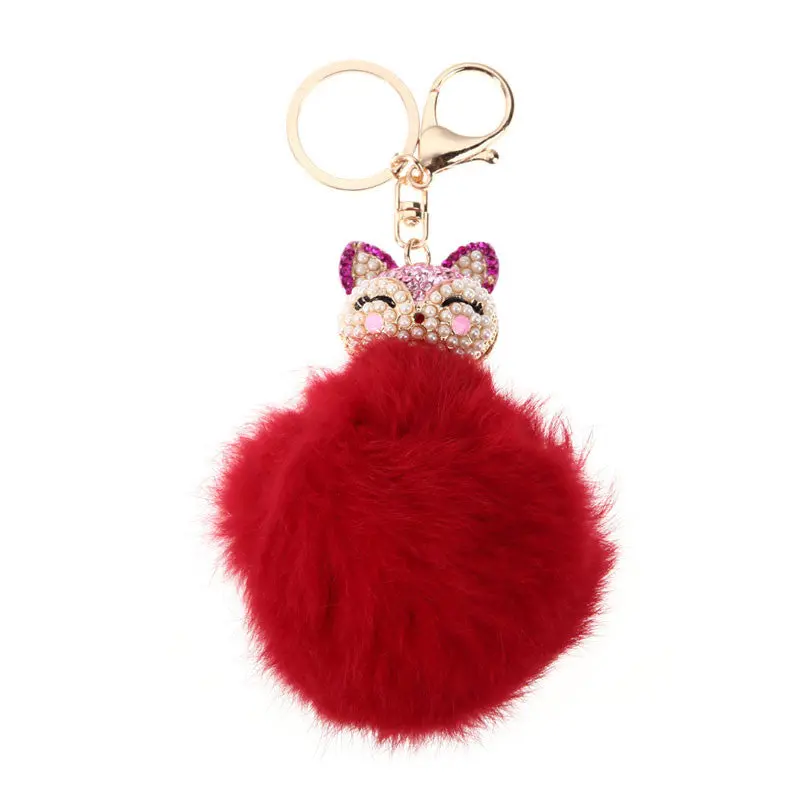 New Fox Fur Pearl Rhinestone Ball Top Car Key Ring Bag Charm Key Chains Christamas Gift For Girl 7
