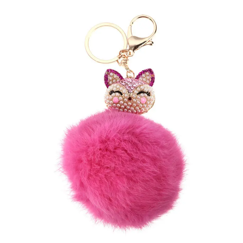 New Fox Fur Pearl Rhinestone Ball Top Car Key Ring Bag Charm Key Chains Christamas Gift For Girl 8