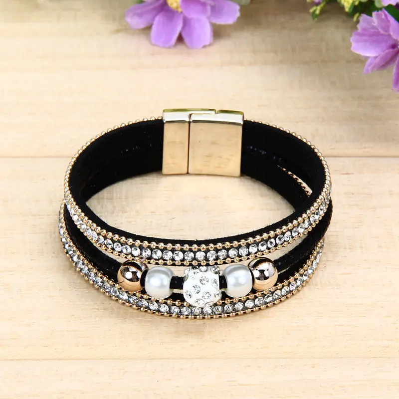 New Multilayer Leather Bangle Pearl Rhinestone Beaded Handmade Bracelet Fashion Jewelry Gift Magnet Alloy Buckle Bracelet 1