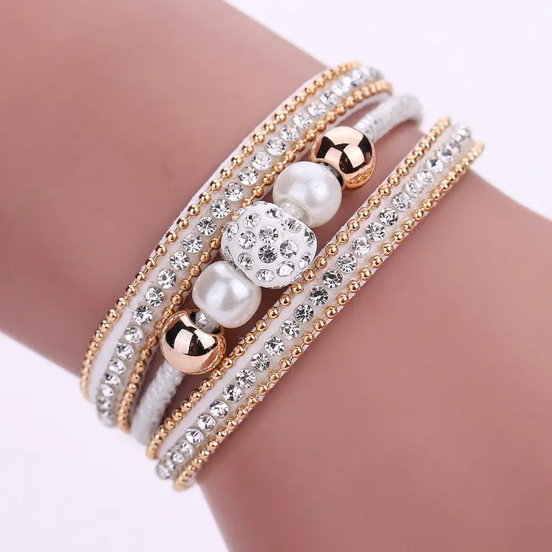 New Multilayer Leather Bangle Pearl Rhinestone Beaded Handmade Bracelet Fashion Jewelry Gift Magnet Alloy Buckle Bracelet 2