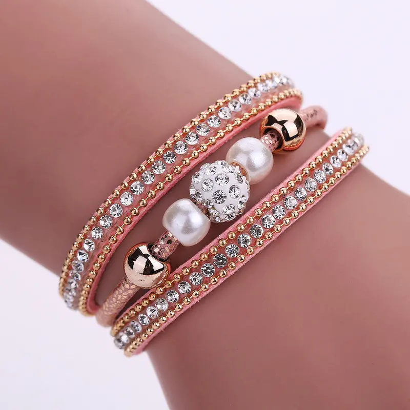 New Multilayer Leather Bangle Pearl Rhinestone Beaded Handmade Bracelet Fashion Jewelry Gift Magnet Alloy Buckle Bracelet 3
