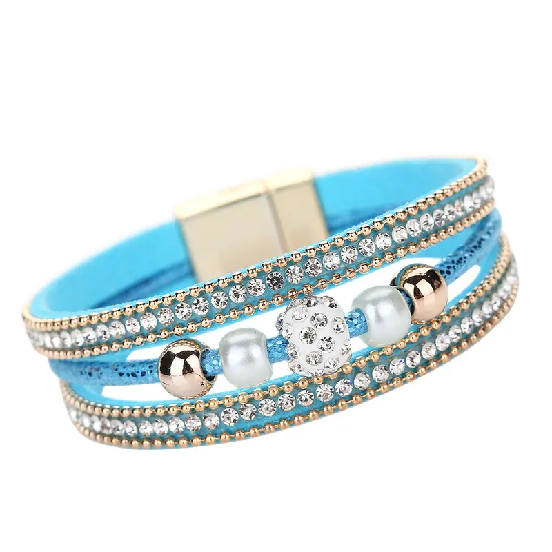 New Multilayer Leather Bangle Pearl Rhinestone Beaded Handmade Bracelet Fashion Jewelry Gift Magnet Alloy Buckle Bracelet 4