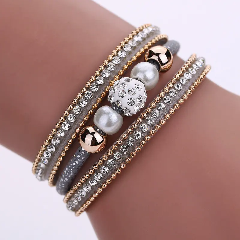 New Multilayer Leather Bangle Pearl Rhinestone Beaded Handmade Bracelet Fashion Jewelry Gift Magnet Alloy Buckle Bracelet 5