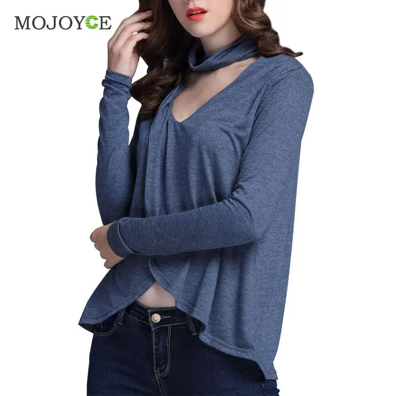New Neck Hung A V-Neck T-Shirt Women Loose Irregular Long Sleeve Shirts Women Plus Size Blue Blusa Camisetas Mujer 1