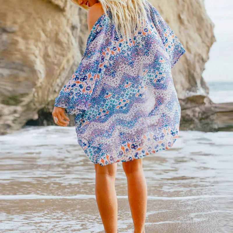 New Printed 3/4 Sleeve Chiffon Kimono Blouse Cardigan Blusas Women Blouses Plus Size Blusa Feminino Shirt Women 2
