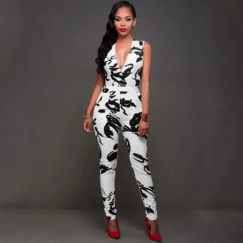 New Printing Women Jumpsuit Clubwear V Neck Playsuit Bodycon Bodysuit Party Trousers Rompers Womens Jumpsuit Combinaison Femme 1
