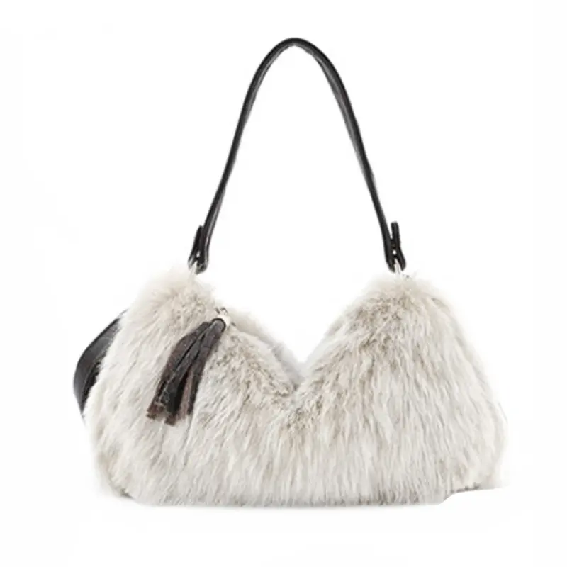 New Pu + Artificial Cony Wool Handbag Ladies Tassel Shoulder Bag Faux Fur Women Leather Handbag Plush Cony Hair Clutch 1
