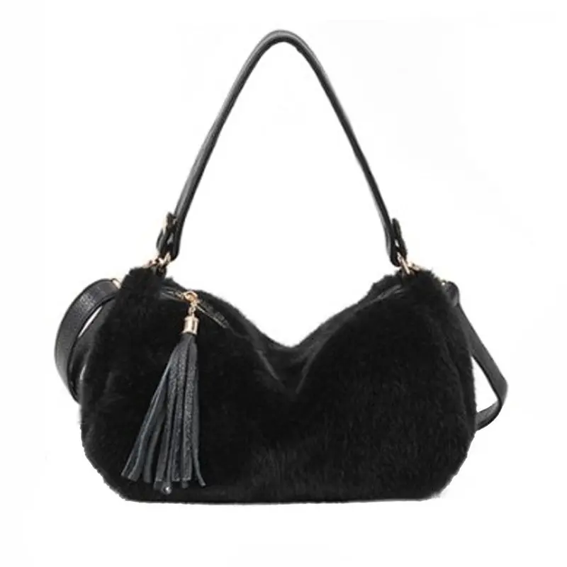 New Pu + Artificial Cony Wool Handbag Ladies Tassel Shoulder Bag Faux Fur Women Leather Handbag Plush Cony Hair Clutch 2