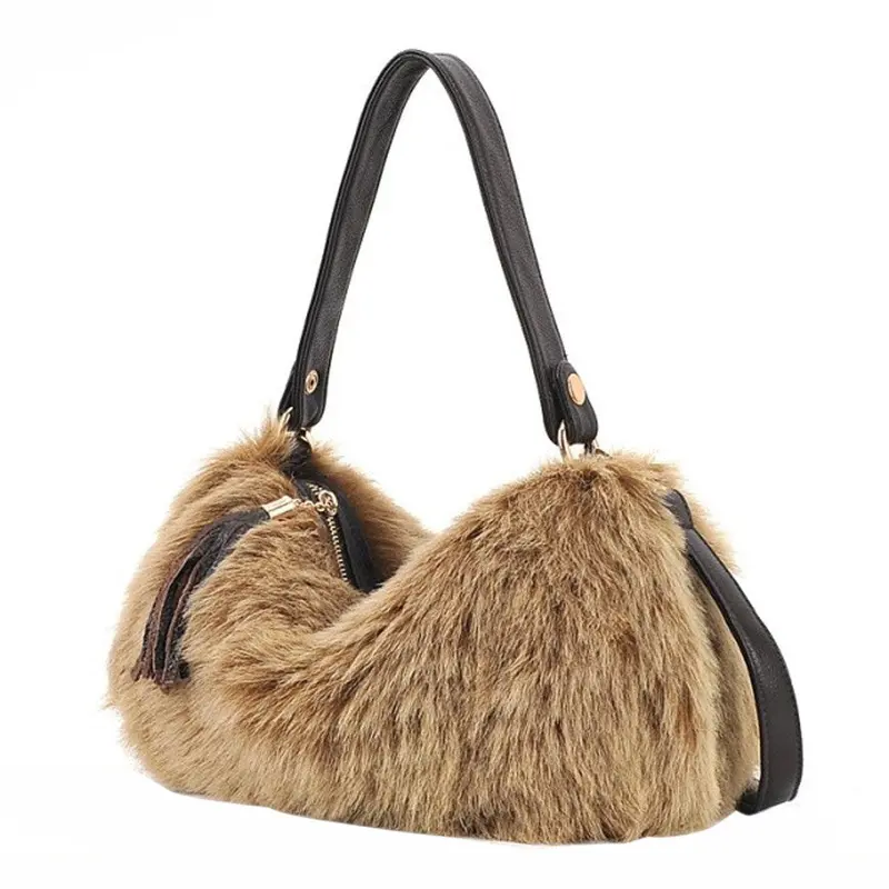 New Pu + Artificial Cony Wool Handbag Ladies Tassel Shoulder Bag Faux Fur Women Leather Handbag Plush Cony Hair Clutch 3