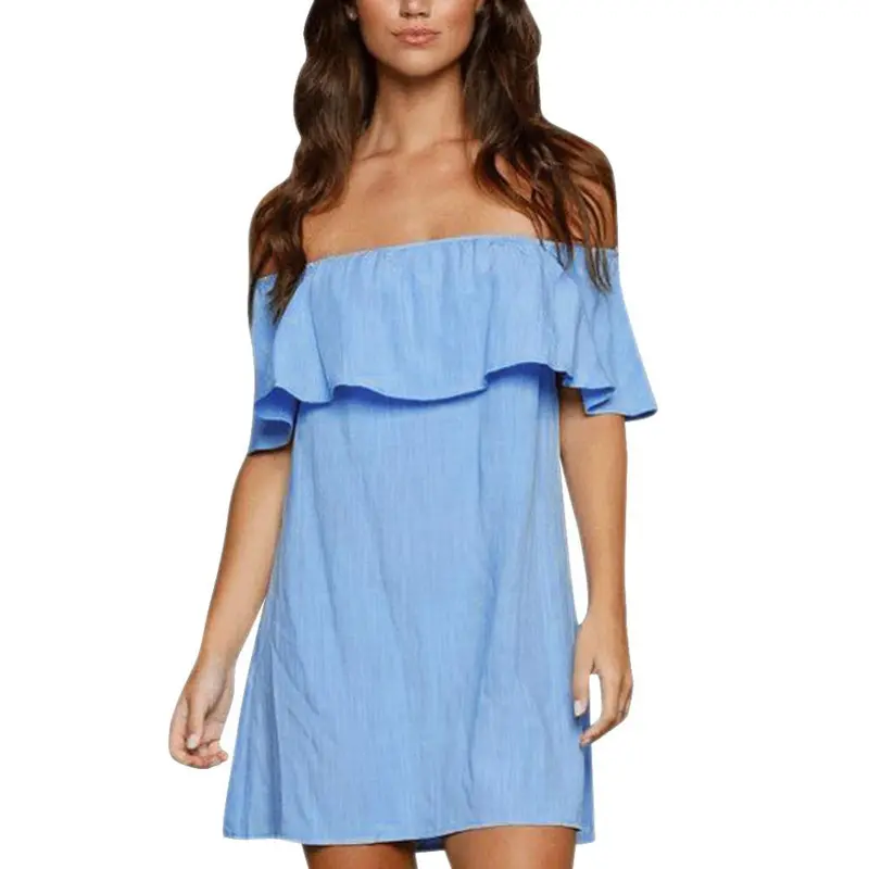 New Sexy Women Dress Vestido Fashion Blue Off Shoulder Dress Short Sleeve Loose Elastic Ruffle Dress Vestido De Festa Plus Size 1