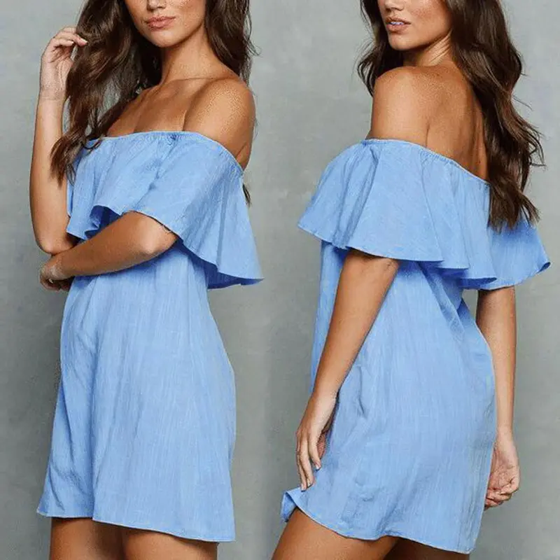 New Sexy Women Dress Vestido Fashion Blue Off Shoulder Dress Short Sleeve Loose Elastic Ruffle Dress Vestido De Festa Plus Size 2