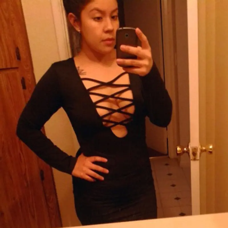 New Sexy Women Fashion Long Sleeve Short Deep V Neck Sexy Body Bodycon Jumpsuit 4