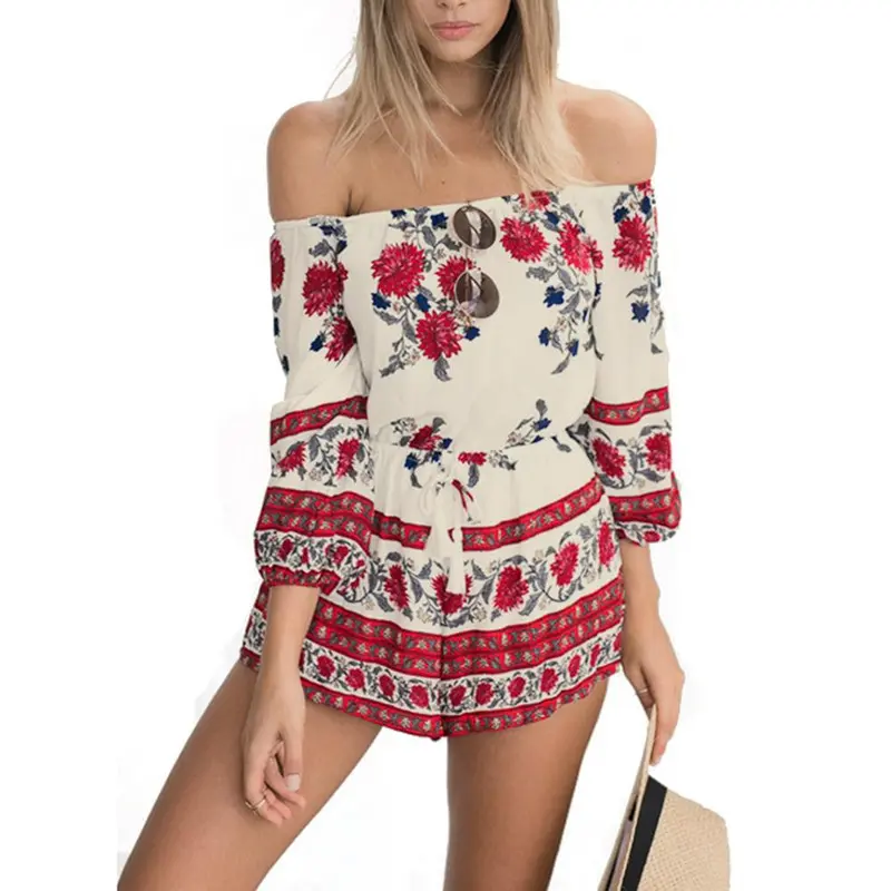New Sexy Women Off Shoulder Chiffon Floral Flower Printed Strapless Playsuit Shorts Overall Jumpsuit 1