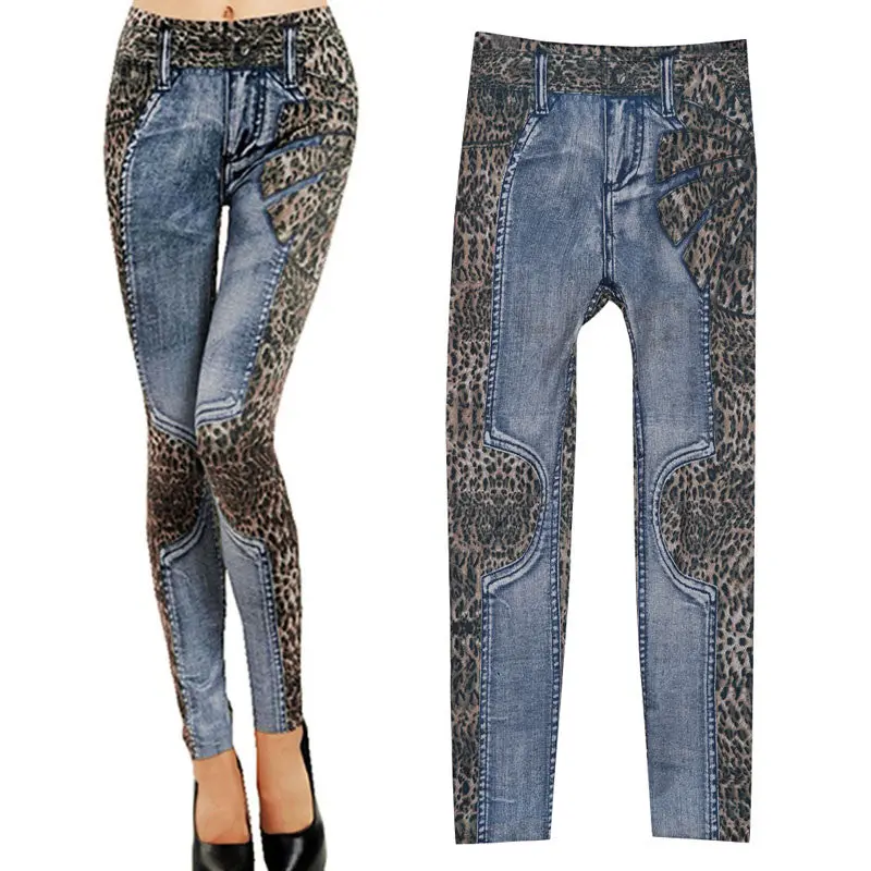 New Sexy Women's Denim Stretch Look Ripped Faux Top Jean Leggings Women Denim Pants Leggings Women 1