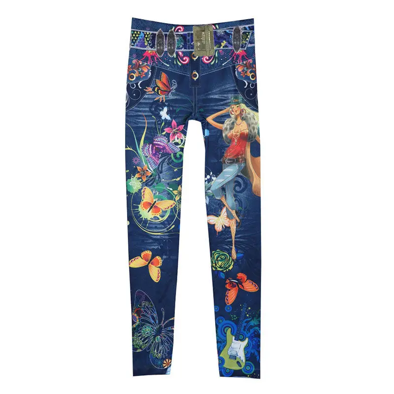 New Sexy Women's Denim Stretch Look Ripped Faux Top Jean Leggings Women Denim Pants Leggings Women 2