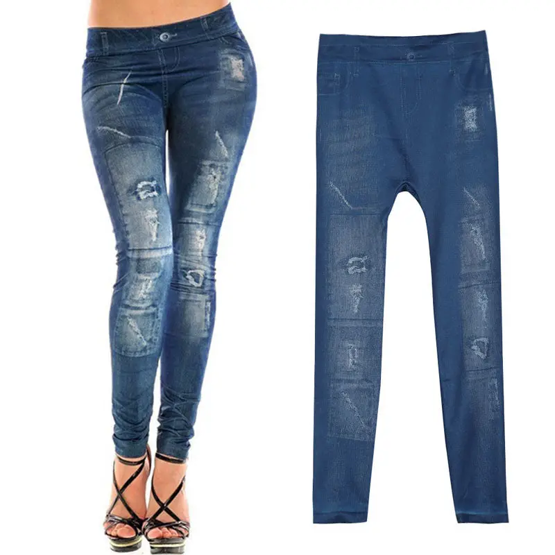 New Sexy Women's Denim Stretch Look Ripped Faux Top Jean Leggings Women Denim Pants Leggings Women 3