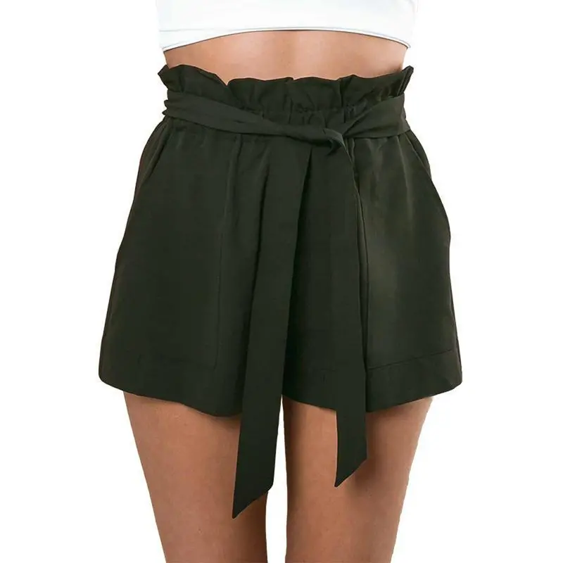 New Short High Waist Belt Solid Casual Shorts Army Green Women Chiffon Pocket Loose Shorts 1