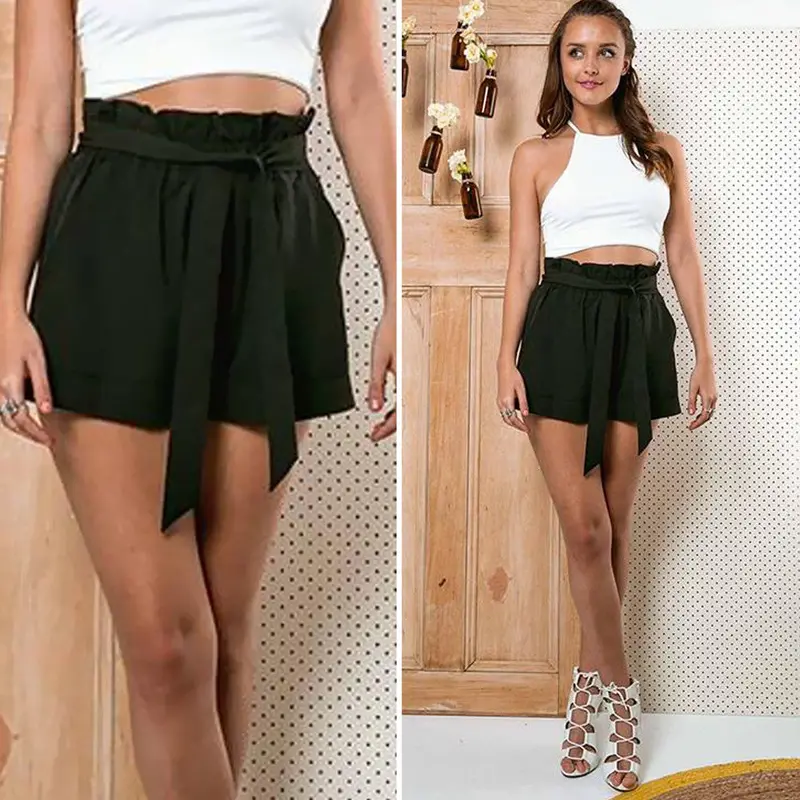 New Short High Waist Belt Solid Casual Shorts Army Green Women Chiffon Pocket Loose Shorts 2
