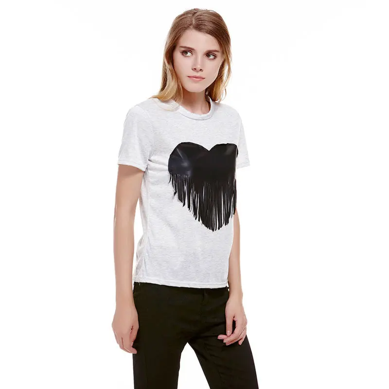 New Short Sleeve T-Shirt Women Grey Cotton Top Tees Fashion Heart Tassel Shirt Sleeve Casual O-Neck Crop Top Tee Shirt Femme 1