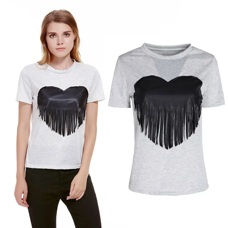 New Short Sleeve T-Shirt Women Grey Cotton Top Tees Fashion Heart Tassel Shirt Sleeve Casual O-Neck Crop Top Tee Shirt Femme 2