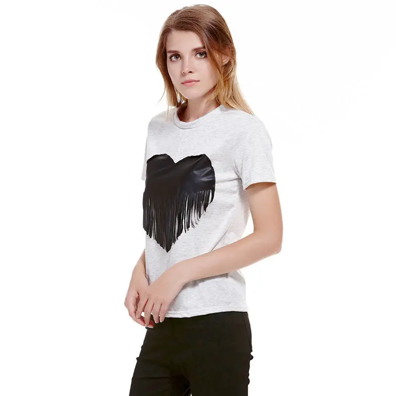 New Short Sleeve T-Shirt Women Grey Cotton Top Tees Fashion Heart Tassel Shirt Sleeve Casual O-Neck Crop Top Tee Shirt Femme 3