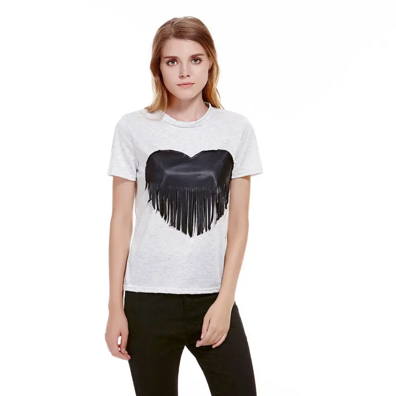 New Short Sleeve T-Shirt Women Grey Cotton Top Tees Fashion Heart Tassel Shirt Sleeve Casual O-Neck Crop Top Tee Shirt Femme 4