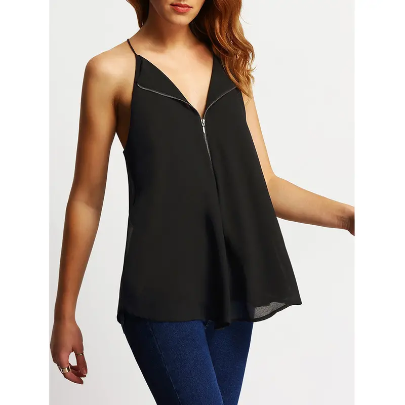 New Sleeveless Sexy Zipper Chiffon Cropped Feminino Shirt Women Casual Slim Sling Camis Crop Top For Sleeveles Blusa 1