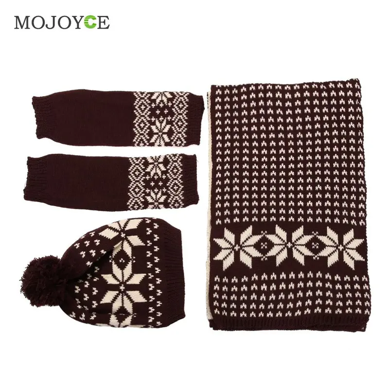 New Snow Pattern Hat Scarf Gloves Set Knit Hats Bonnet Women Beanies Gorro Woolen Sacrves Hats Three Pieces Sets 5