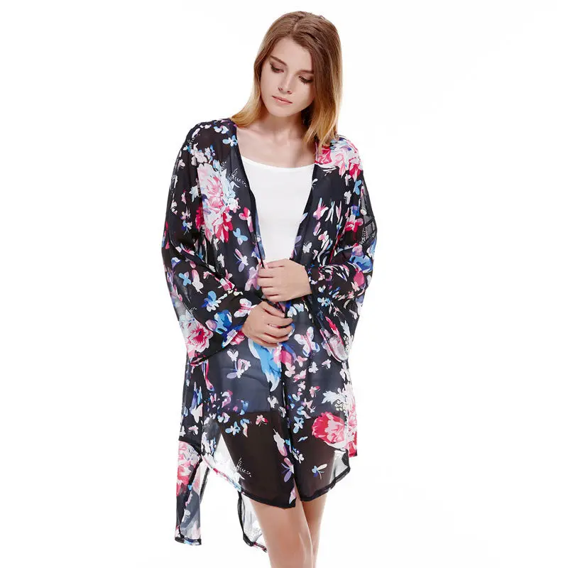 New Top Women Long Printed Shirts Chiffon Kimono Printed Cardigan V-Neck Half Sleeve Women Sexy Kimono 1