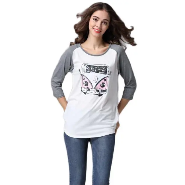 New Women Casual Print T-Shirt Round Neck Three Quarter Sleeves Arched Hem Top White Ladies Spirit Clothing Bus Roupa 1