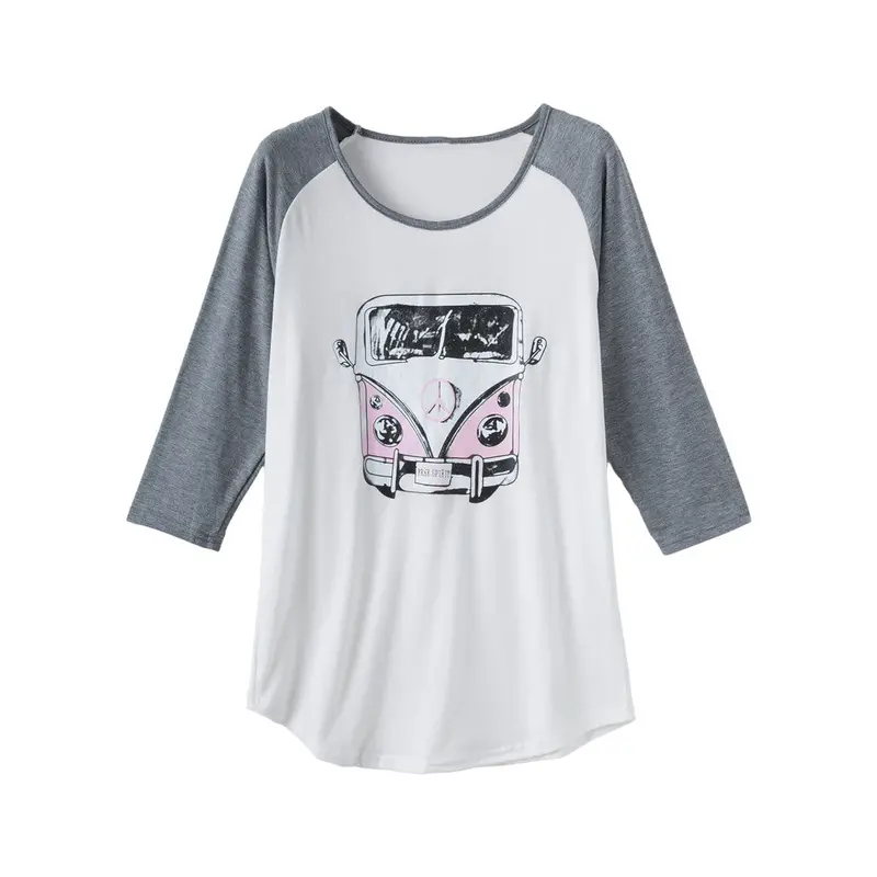New Women Casual Print T-Shirt Round Neck Three Quarter Sleeves Arched Hem Top White Ladies Spirit Clothing Bus Roupa 4