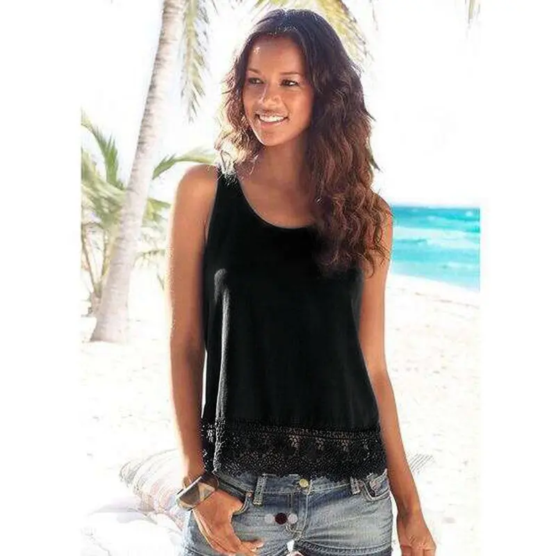 New Women Lace Tops Sleeveless Casual T-Shirt Vest Crop Tops Camis Black Blue Purple 4