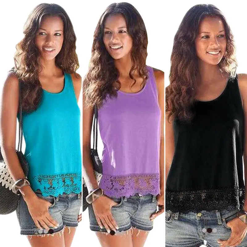 New Women Lace Tops Sleeveless Casual T-Shirt Vest Crop Tops Camis Black Blue Purple 5