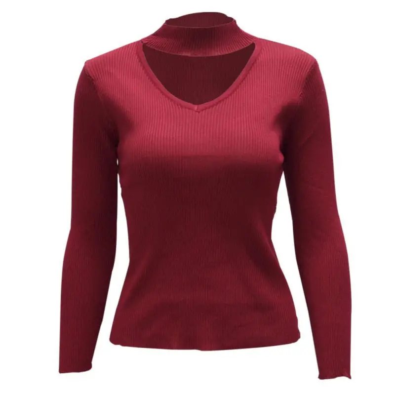 New Women Long Sleeve Elegant Halter Knitted Sweater White Pullover Tops Slim Black Jumper Casual 7