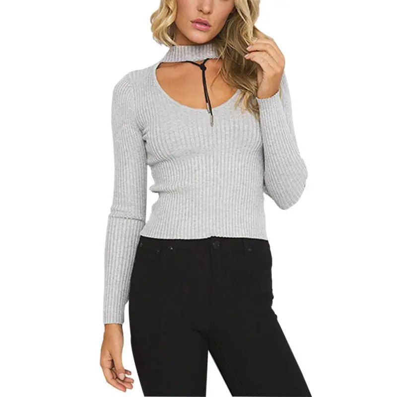 New Women Long Sleeve Elegant Halter Knitted Sweater White Pullover Tops Slim Black Jumper Casual 7