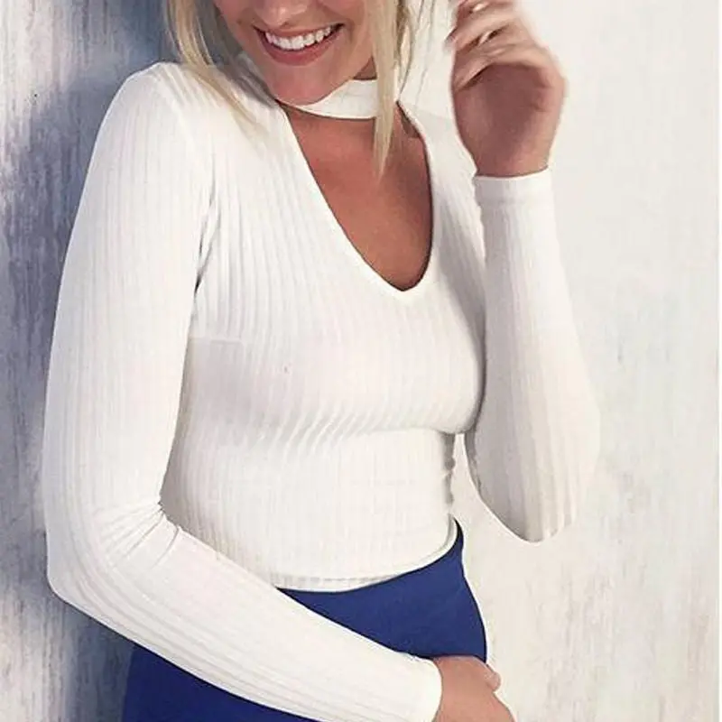 New Women Long Sleeve Elegant Halter Knitted Sweater White Pullover Tops Slim Black Jumper Casual 9