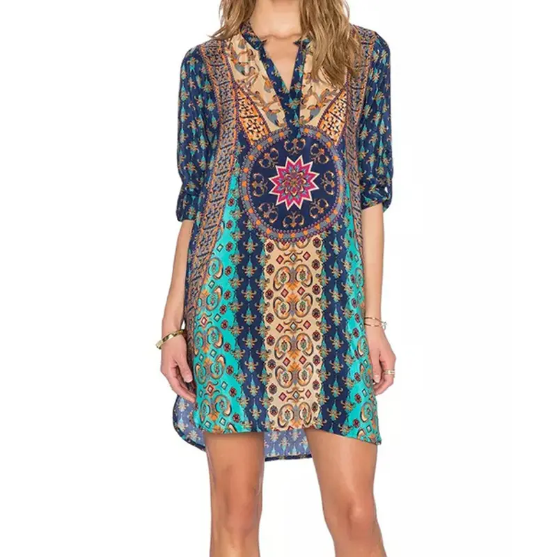 New Women Long Sleeve Vestidos V-Neck Vintage Dresses Loose Print Kimono Chiffon Green Women Dress Dress 1