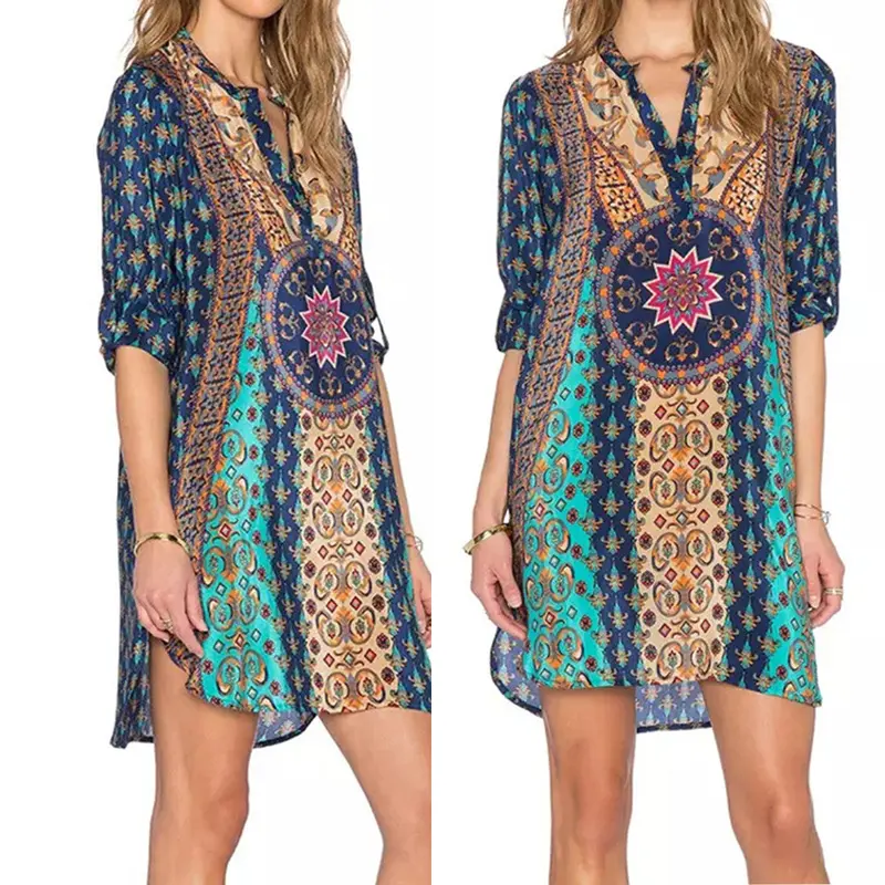 New Women Long Sleeve Vestidos V-Neck Vintage Dresses Loose Print Kimono Chiffon Green Women Dress Dress 2