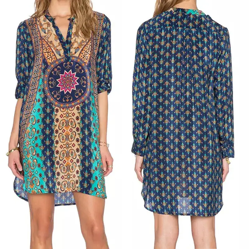 New Women Long Sleeve Vestidos V-Neck Vintage Dresses Loose Print Kimono Chiffon Green Women Dress Dress 3