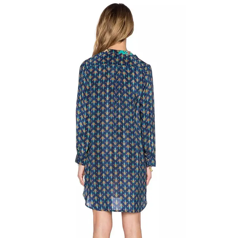 New Women Long Sleeve Vestidos V-Neck Vintage Dresses Loose Print Kimono Chiffon Green Women Dress Dress 4