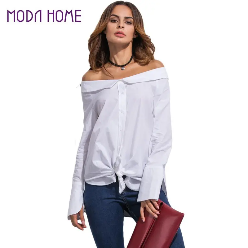 New Women Off Shoulder Blouse Fold-Over Slash Neck Blusas Slit At Cuff Self-Tie Asymmetric Hem Casual Top White Camisa 1