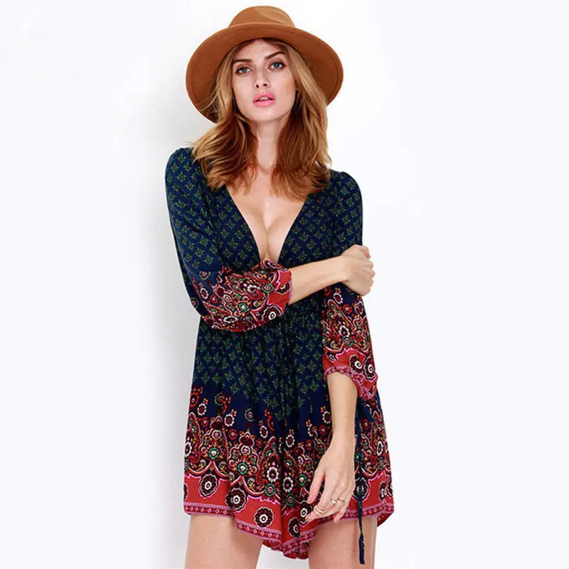 New Women Playsuits Long Sleeves Elastic Waist Bodysuit Women Vintage Deep V Neck Printed Jumpsuit Rompers Womens Jumpsuit 1