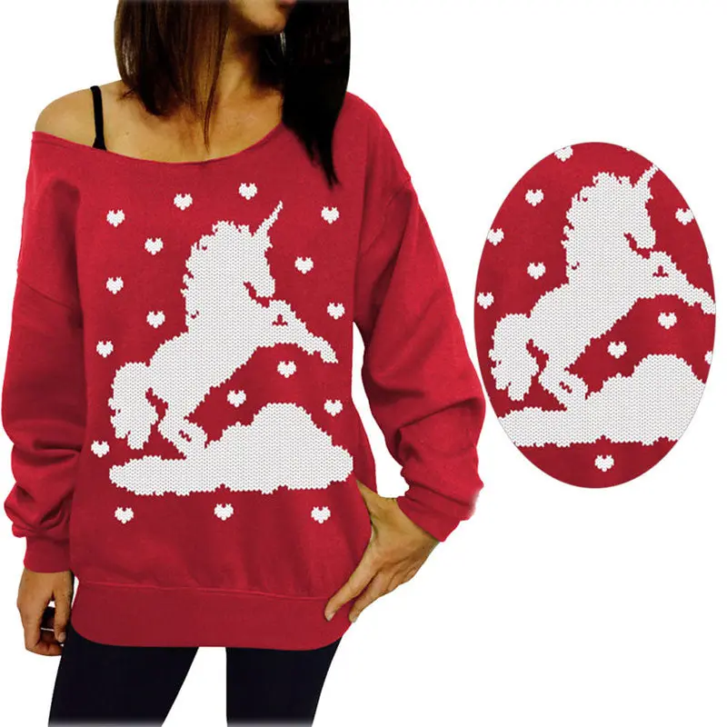 New Womens Xmas Off The Shoulder Sweater Tops Pullover Chiristamas Sweaters Christamas Gift 1