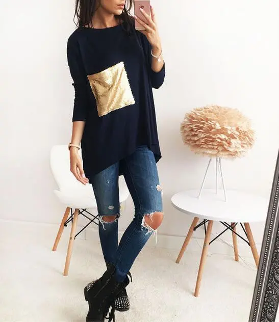 Nice Breif Shirts Women's Asymmetric O Neck Long Bottoming Tunic Shirts With Sequined Clothings Lx101 1