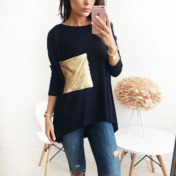 Nice Breif Shirts Women's Asymmetric O Neck Long Bottoming Tunic Shirts With Sequined Clothings Lx101 4