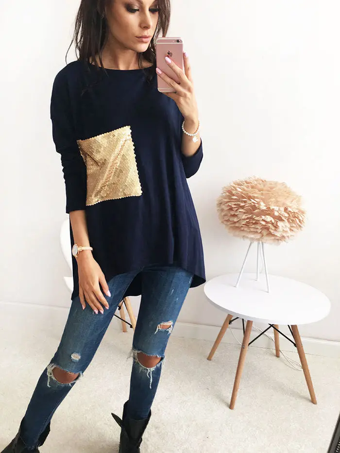 Nice Breif Shirts Women's Asymmetric O Neck Long Bottoming Tunic Shirts With Sequined Clothings Lx101 5